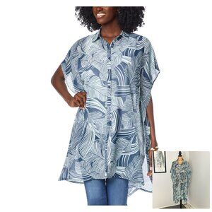 G by Giuliana Tropical Palm Navy Sheer Tunic Plus Sz 1X